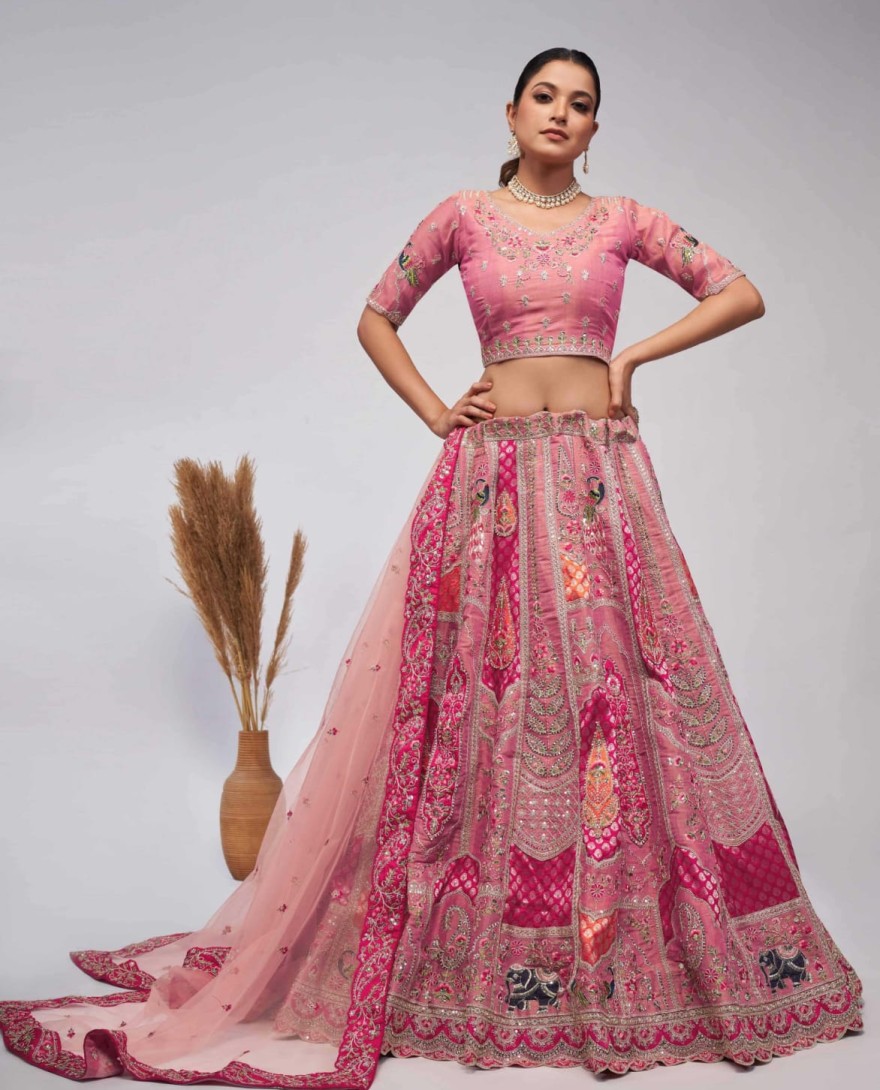 492 Pink - Pretty Pink paisley Motifs traditional embroidered wedding Lehenga